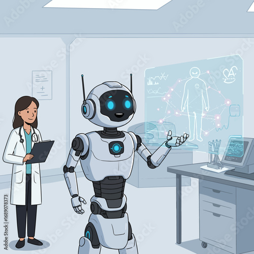 AI-Powered Diagnostics Vector Illustration: Robot Assistant & Doctor Analyze Medical Data for Innovative Care