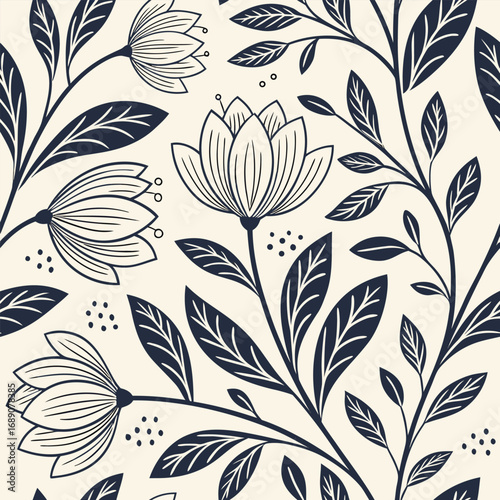 Minimalist floral pattern features navy flowers, leaves, branches, and dots on a light beige backdrop