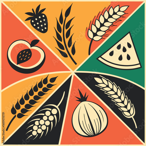 Retro mosaic features agricultural icons including a wheat stalk, a peach, and watermelon slice