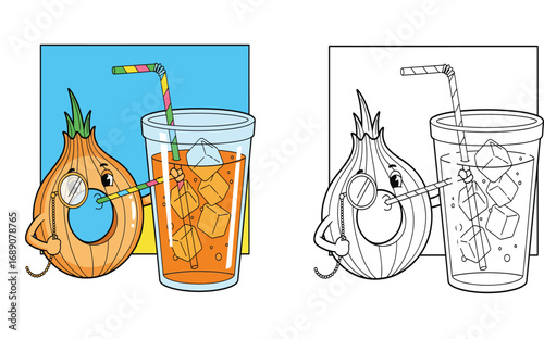 Quirky cartoon of a sophisticated onion character wearing a monocle and sipping a refreshing iced drink through a colorful straw