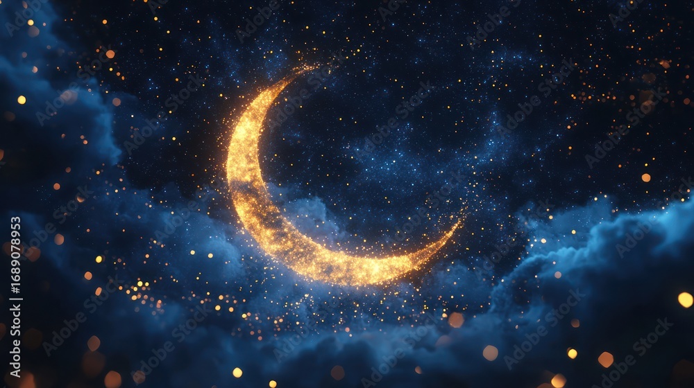 Naklejka premium Night sky crescent moon clouds stars magical festive background