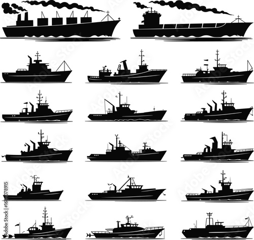 Silhouette collection of cargo ships, transport vessels, navy warships, black vector icons, marine freight, sea logistics, naval transportation, illustration