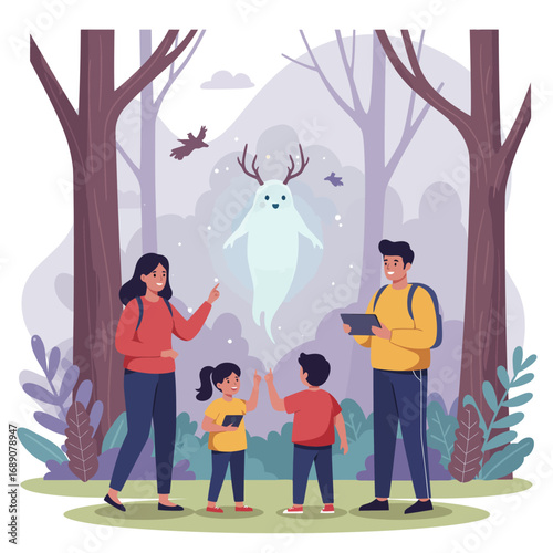 Family Augmented Reality Adventure: Exploring Nature with Interactive Digital Creatures Vector Illustration