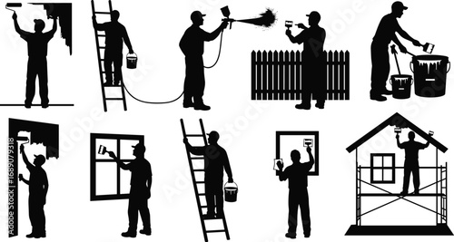 Painter working on house, wall, window, fence, using roller, spray gun, brush, ladder, scaffold, bucket, home improvement, repair.