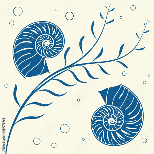 Two nautilus shells and plant stems are set against a tan backdrop dotted with bubbles
