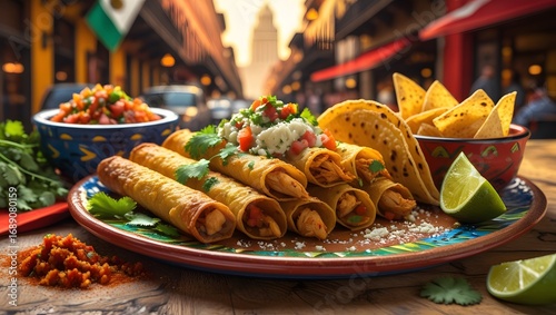 Crispy flautas de pollo, juicy chicken tacos, and spicy homemade salsa, set against a vibrant background of Mexico City