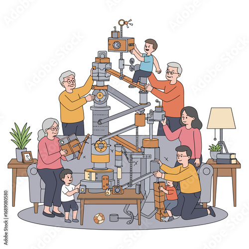 Intergenerational Family Collaboration: Building a Future Together through Creative Innovation - Vector Illustration