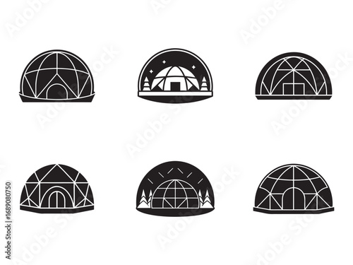 Collection of Igloo and Geodesic Dome Icons for Winter Shelters and Modern Architecture Black Silhouette Graphics
