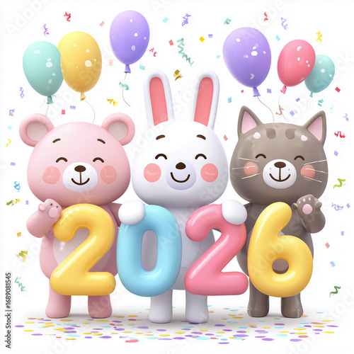 Cute Cartoon Animals with 2026 BalloonsBear Bunny Cat Holding 2026 NumbersHappy New Year 2026 Cartoon AnimalsCute 2026 Celebration with BalloonsCartoon Bear Rabbit Cat 2026 Party