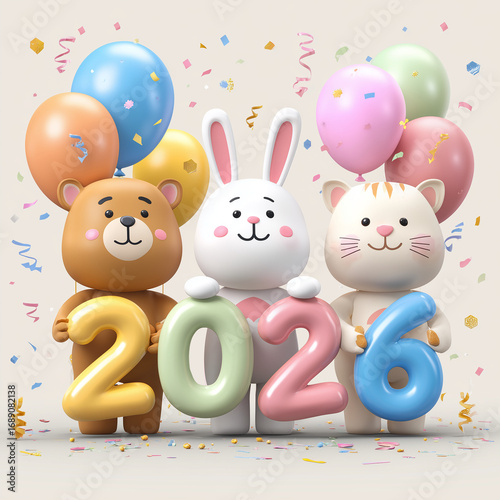 Cute Cartoon Animals with 2026 BalloonsBear Bunny Cat Holding 2026 NumbersHappy New Year 2026 Cartoon AnimalsCute 2026 Celebration with BalloonsCartoon Bear Rabbit Cat 2026 Party