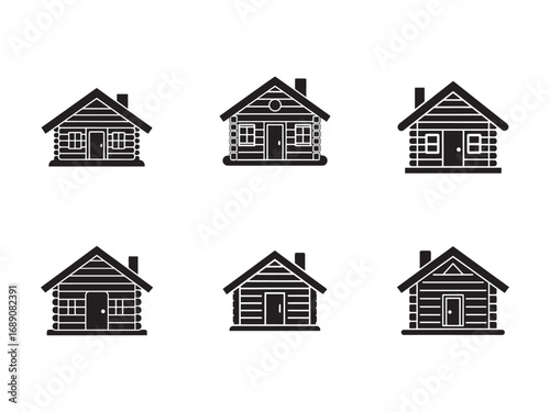 Collection of Log Cabin Icons Silhouette Style Minimalist Design for Winter Holiday Vacation or Rural Living
