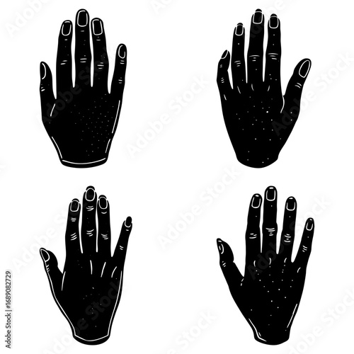 Four stylized black and white hands with visible fingers and nails arranged in a square pattern on white