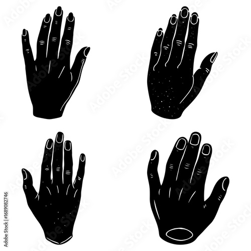 Four graphic black hands in different poses against a white background showing fingers and palms clearly