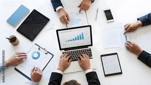 Business team analyzing financial data on a laptop and documents around a table
