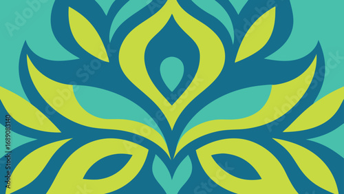 Symmetrical Teal and Lime Green Floral Motif with Dark Blue Accents abstract pattern