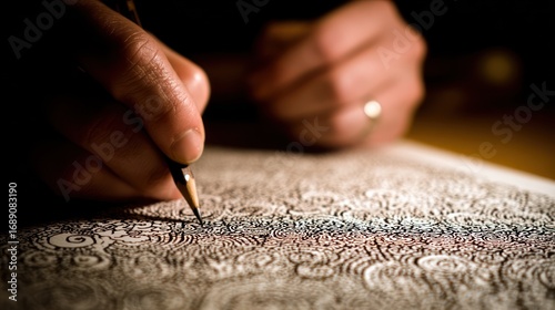 Artist's hands drawing with a pencil on intricate, detailed artwork, showcasing fine lines and complex patterns under warm lighting