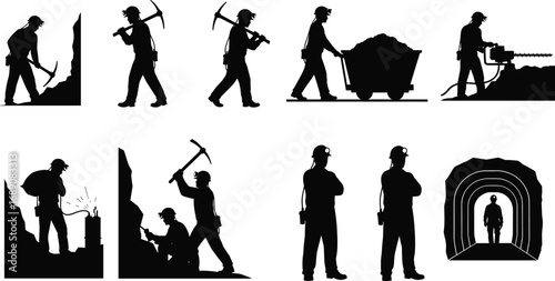 Mining workers with pickaxe, coal cart, drilling machine, dynamite blasting, underground mining, miner silhouette, mining safety, industrial labor.