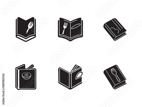Collection of Menu Book Icons Black and White Graphic Representations for Culinary Businesses and Restaurant Designs