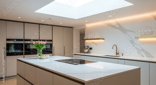 Sleek quartz stone kitchen island with brass fixtures and marble backsplash, modern luxury kitchen interior photography for aspirational lifestyle and premium architectural stock images