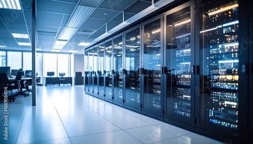 Server Room with Rows of Data Storage Racks in a Modern Office
