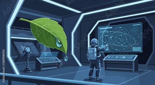 Astronaut examining a growing leaf in space, symbolizing the future of life support systems on