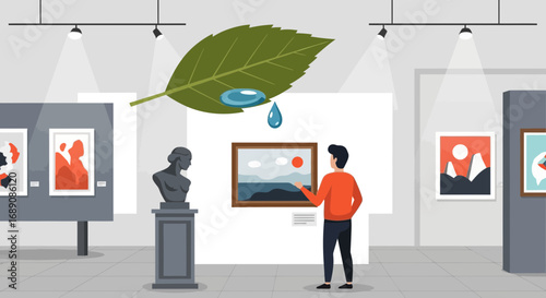Conceptual art gallery illustration with nature featuring paintings and visitor art appreciation