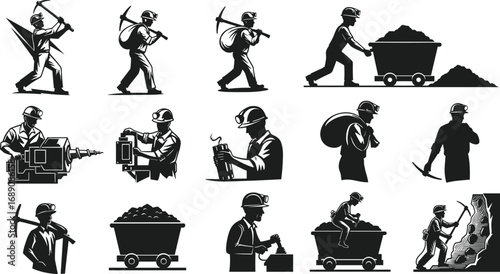 Mining workers using tools, carrying equipment, operating machinery, pushing carts with coal, industrial labor, underground mining, safety helmets, manual labor, heavy industry.