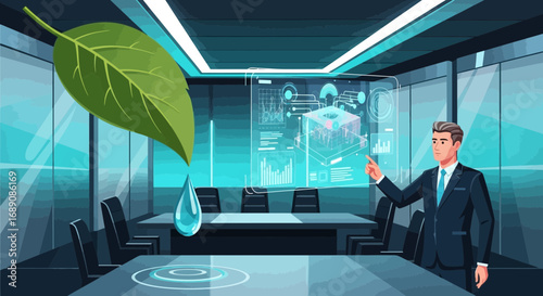 Eco-Conscious Technology: Sustainability Analytics in a Modern Boardroom Environment Depicted