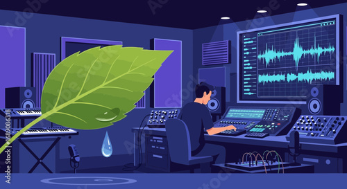 Illustration of sound engineer in a recording studio with leaf and water drop symbolizing