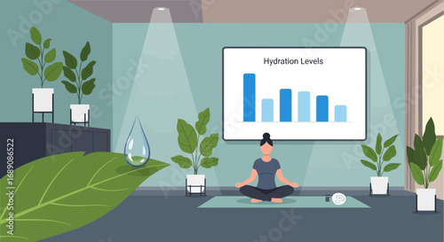 Indoor Wellness Retreat: Woman Meditating Amidst Hydration Focus and Lush Greenery