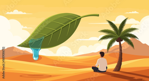 Surreal desert landscape featuring giant leaf with water droplet, man and palm tree showing the