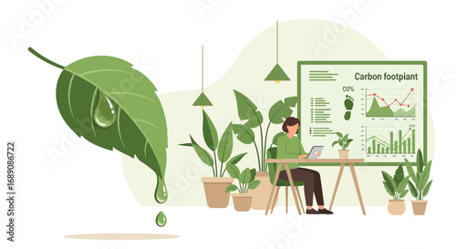 Sustainability focused workspace highlighting reduced carbon footprint and green practices