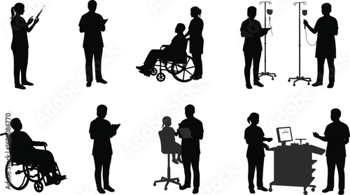 Medical healthcare silhouettes showing nurse, doctor, patient in wheelchair, IV drip, patient consultation, medical staff, and hospital equipment.