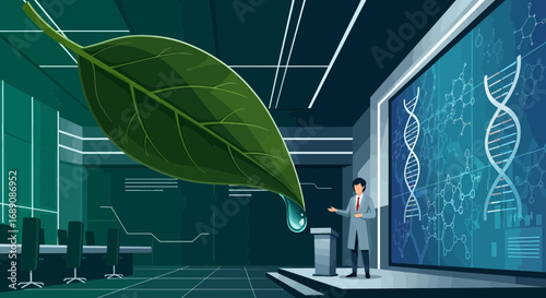 The fusion of nature and science represented by a researcher presenting plant dna