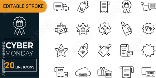 Cyber Monday Outline Icon Bundle | Shopping Bag, Discount, Cart, Store, Market, Retail Vector Set