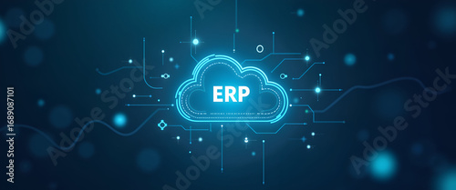 Photo Realistic ERP Interface and Cloud Icon Design: Ample Space for Text and Graphics to Illustrate Cloud ERP Solutions and Digital Transformation in Stock Photography