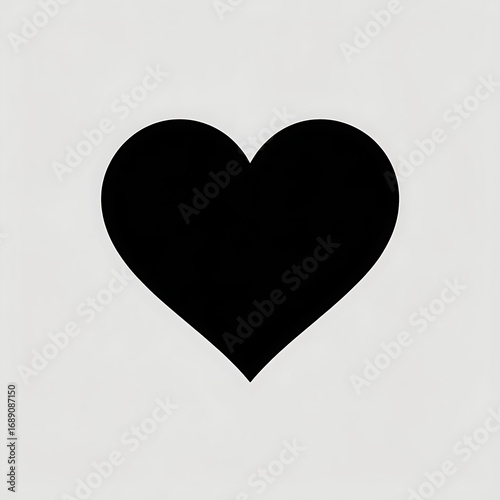 A solid, perfectly symmetrical black heart symbol with smooth edges is centrally placed on a pure white background. The heart is entirely filled with a flat, uniform black color, lacking any outline, 