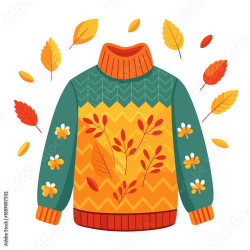 Cozy knitted sweater design with a beautiful autumn leaves pattern