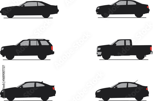Vector illustration of modern car silhouettes including SUV, sedan, pickup, hatchback, isolated side views for automotive design and transport