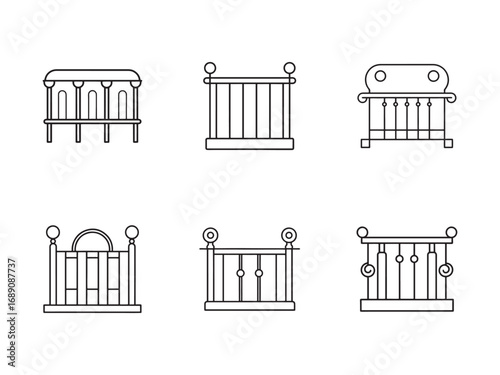 Collection of ornamental fence designs in outline style showing variations in patterns and detailing including circular and spiral elements