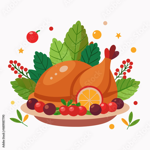 Festive roasted turkey dinner with cranberries and seasonal accents