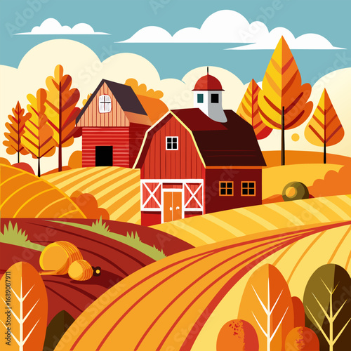 Golden autumn farm landscape with barns and fields