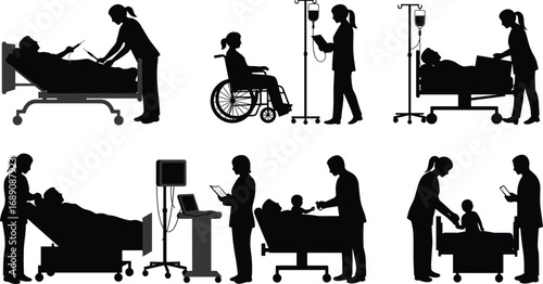 Medical healthcare silhouettes showing nurse, doctor, patient in hospital bed, wheelchair, IV drip, child patient, medical staff, patient care.