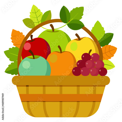 A bountiful autumn fruit basket overflowing with apples and grapes
