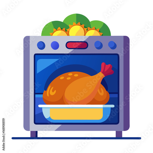 Colorful illustration of a delicious roasted turkey cooking in an oven