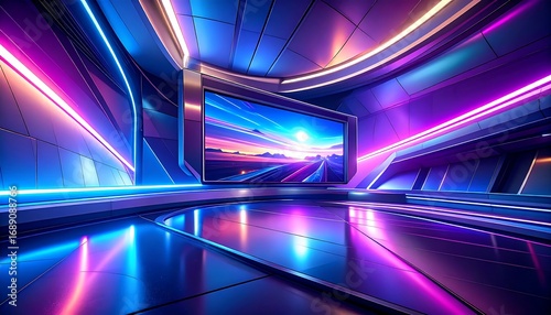 Futuristic studio interior with vibrant lighting and large screen