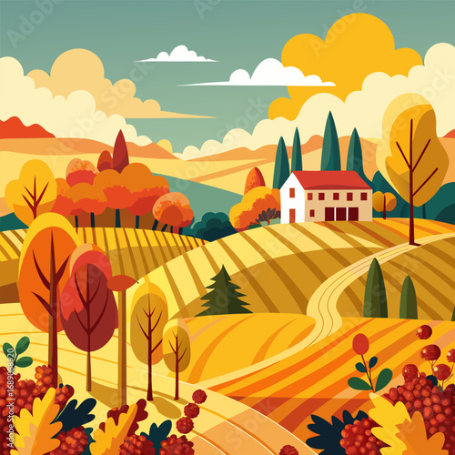 Golden autumn vineyard harvest scene with grapes and vines
