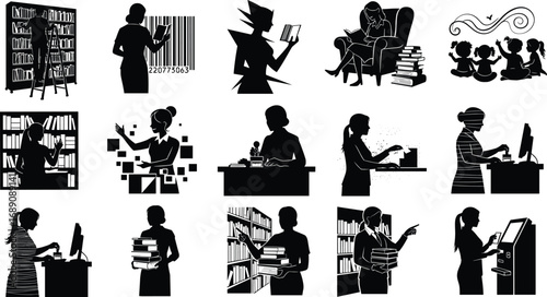 Library staff, librarian, book checkout, barcode scanner, digital archive, reading, education service, library technology, vector illustration, students.