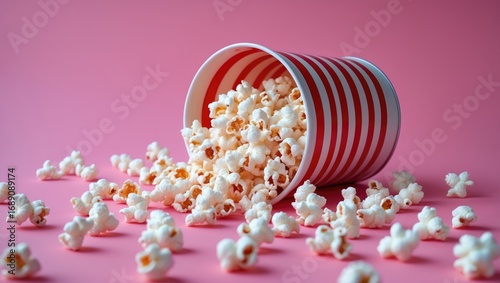 A striped container filled with popcorn spilling onto a pink surface. Snack food scene with a focus on popcorn in a striped cup.