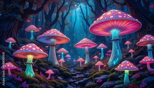 A Dreamy Landscape of a Forest with Giant Pink Mushrooms